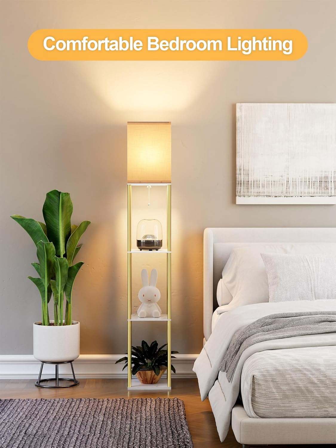 Floor Lamp with Shelves for Living Room, Shelf Floor Lamp with 3 CCT LED Bulb, Corner Display Standing Column Lamp Etagere Organizer Tower Nightstand with White Linen Shade for Bedroom, Office