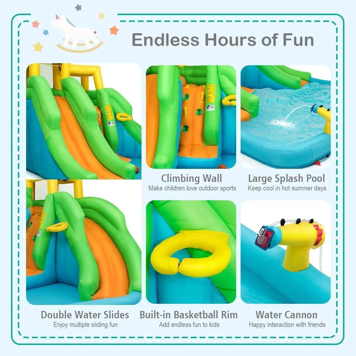 OLAKIDS Inflatable Water Slide, 6 in 1 Bounce House with 2 Slides, Climbing Wall, Splash Pool, Basketball Rim, Water Blaster, Inflatable Water Park with  Bag, Repairing Kit, Hose (Without Blower)