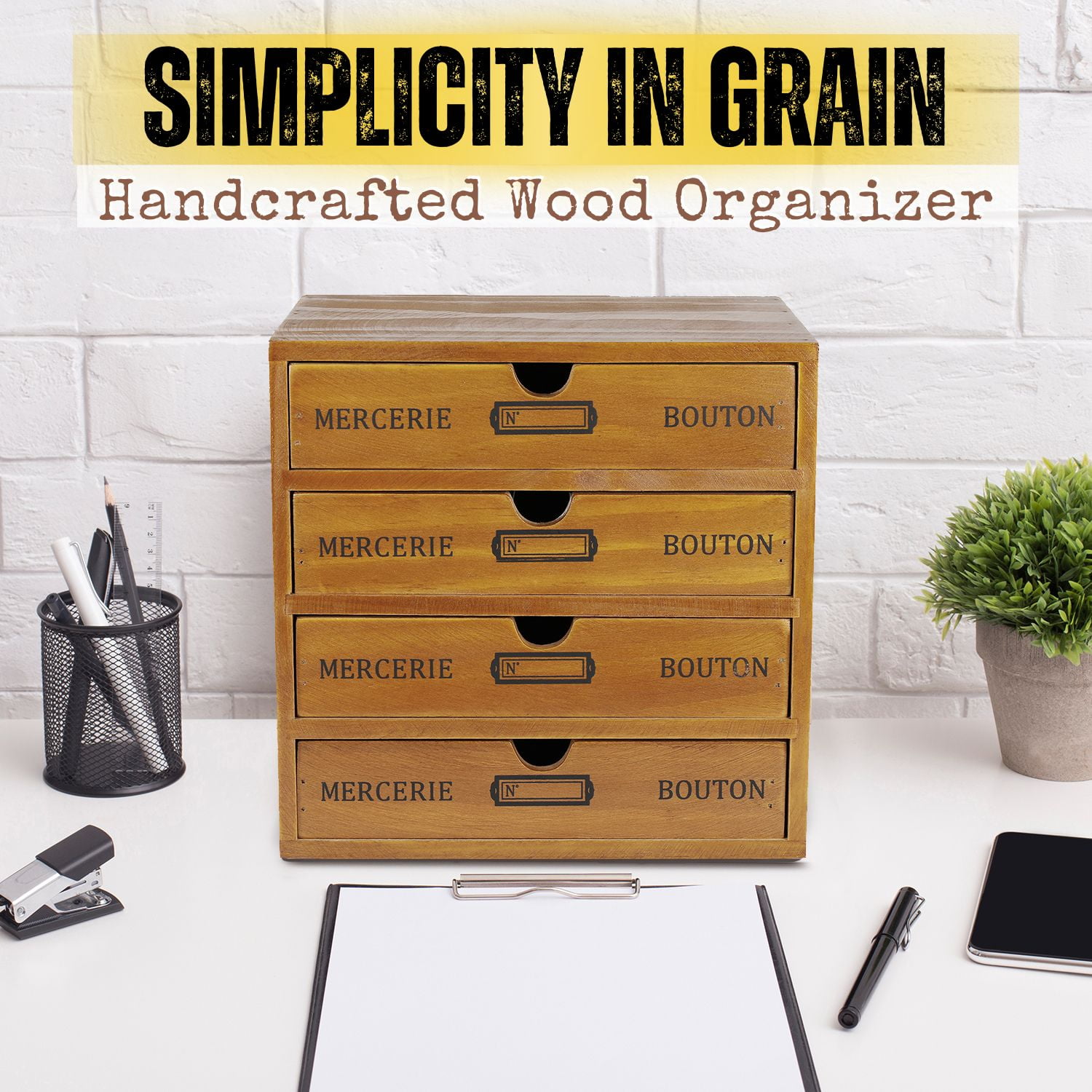 Wooden Desktop Office Supplies Organizer with 4 Storage Drawers Set, 4-Tier Wood Tabletop Cabinet, Countertop Desk Accessories Box, for Home Workspace Counter Vanity Decor Art Craft Tool Mail
