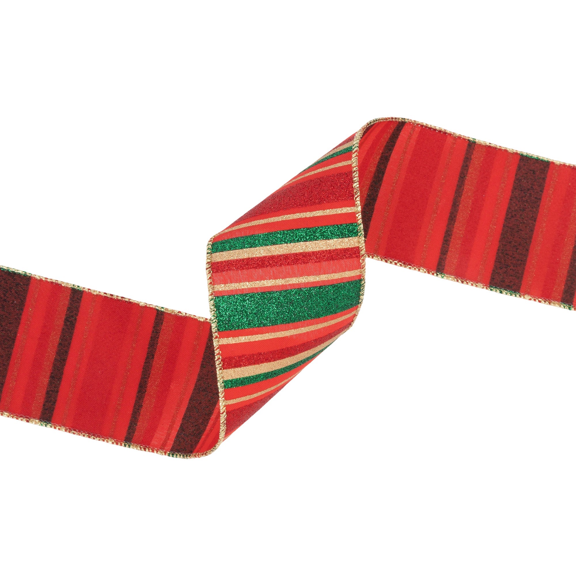 LaRibbons 2 1/2" Wired Ribbon, Red, Green, Gold Horizontal Glittered Stripes on Red, 10 Yard Roll