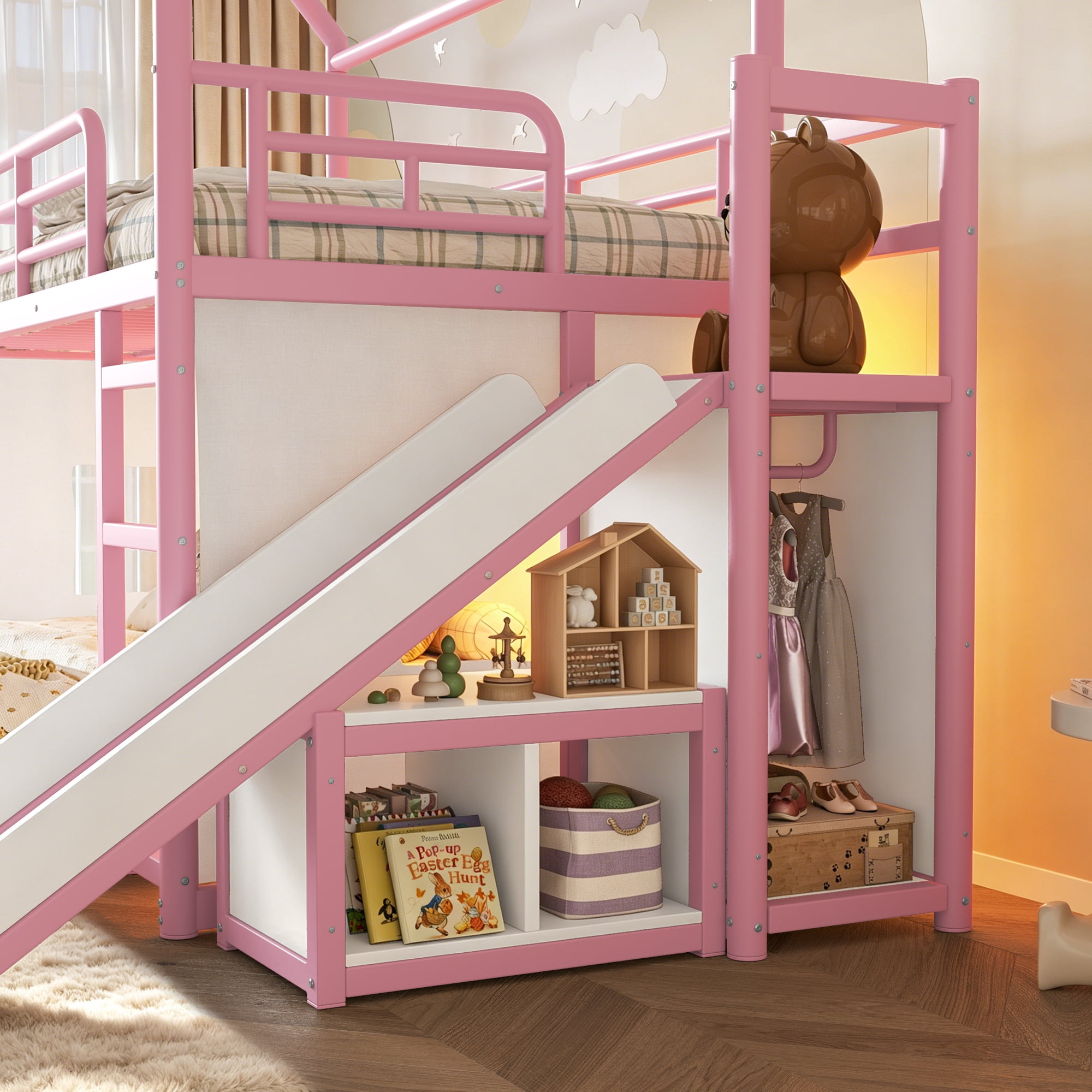 Leumius Twin over Full Playhouse Metal Bunk Bed with Slide & Ladder, House Shaped Bunk Bed with LED Light Strip, Privacy Curtain, Movable Storage Cabinet and Hanging Rod for Bedroom Pink