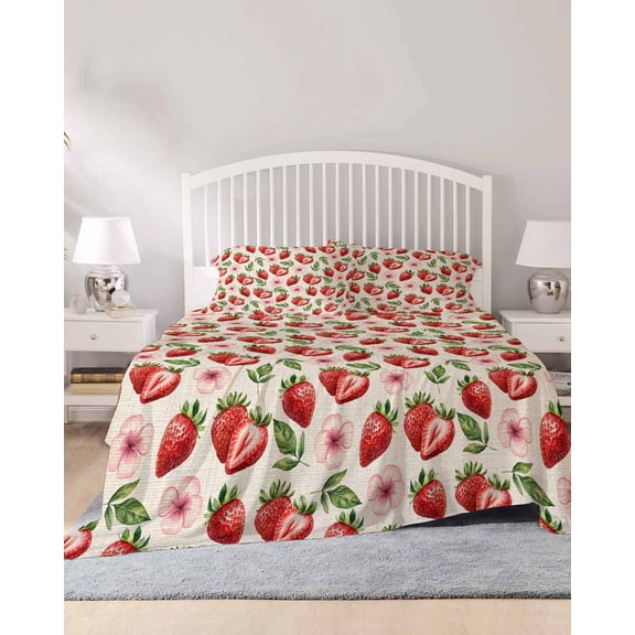 4 Piece Full Sheet Set Red Strawberry Sheets Set for Full Size Bed, Breathable Soft Microfiber Bed Sheets Cooling Country Fruit Summer Retro Tropical Fitted Sheet Deep Pocket, Pillowcases