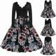 thumbnail image 2 of Vestido elegante para mujer, estilo años 50, estilo retro, vintage, de manga larga, cuello en V, corte en A, estilo Hepburn, estampado de calabaza, calavera y bruja, vestido de cóctel gótico., 2 of 5