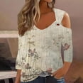 thumbnail image 3 of YEYLANERS Cold Shoulder Top for Women Dressy,Womens Eyelet 3/4 Sleeves Tops V Neck Tunic Shirts Floral Print Blouses Fall Sexy Loose O Ring Shoulder T Shirts 2024,Khaki,L, 3 of 5
