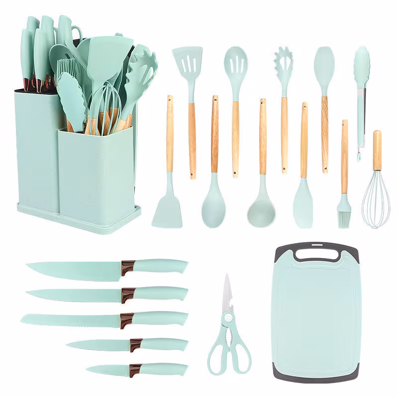 GREEN, variant on 19 Piece Kitchen Utensils Set, Knife and Kitchen Utensils Set, Silicone Spatula Set with Wooden Handle