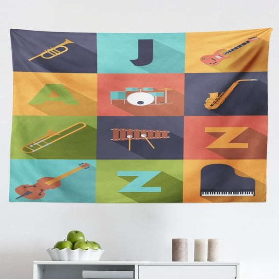 Music Tapestry, Jazz Band Playing on The Stage with Singer and Illustration of Neon Art Print, Fabric Wall Hanging Decor for Bedroom Living Room Dorm, 2 Sizes, Multicolor, by Ambesonne