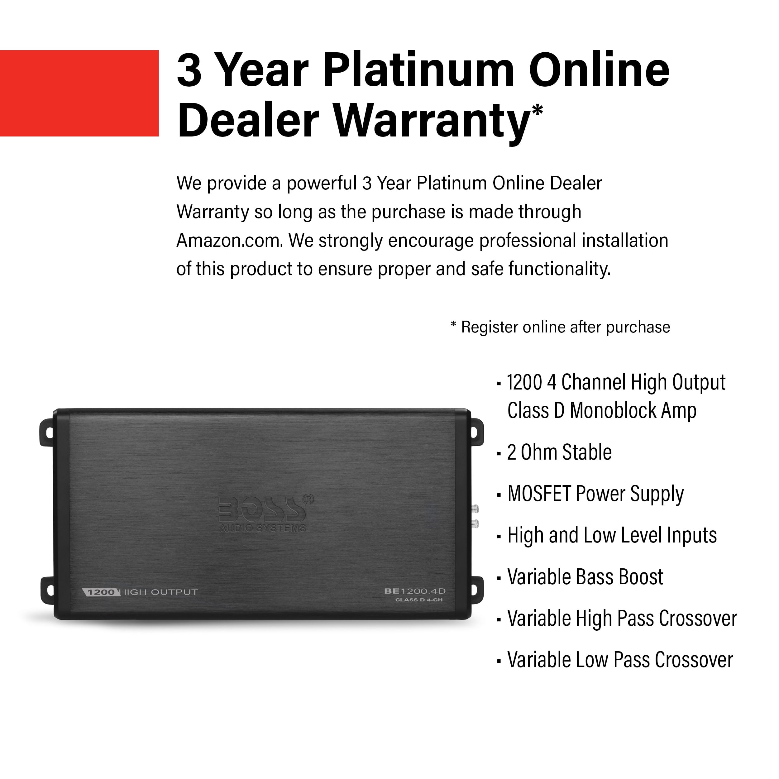BOSS Audio Systems BE1200.4D Elite Series Car Audio Amplifier 1200 High Output, 4 Channel, Class D, 2/4 Ohm, High/Low Level Inputs, High/Low Pass Crossover, Full Range, Hook Up To Stereo & Subwoofer