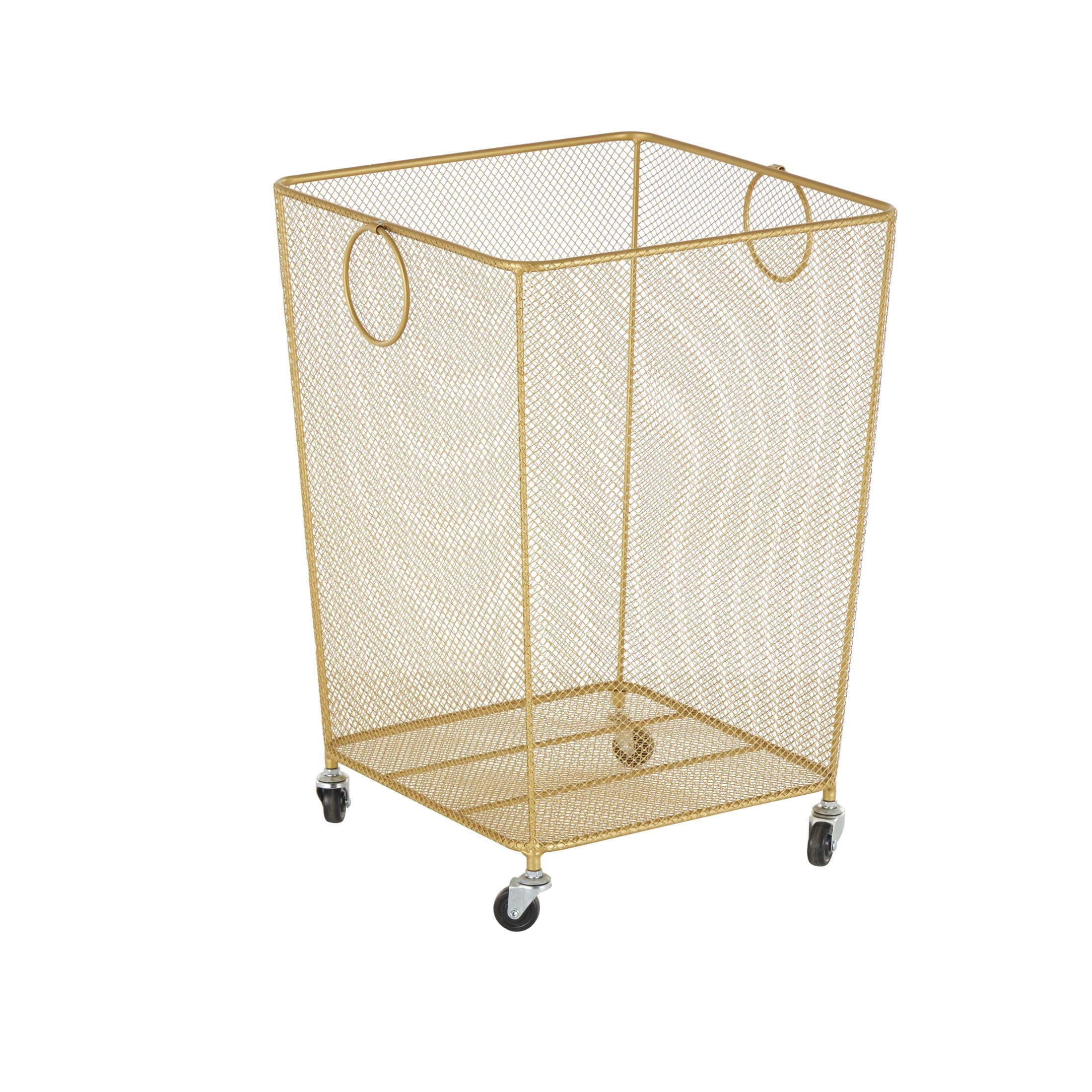 DecMode Gold Metal Square Mesh Wire Rolling Laundry Storage Cart with Ring Handles