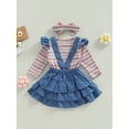 thumbnail image 4 of Seyurigaoka 3Pcs Baby Girls Fall Outfits Long Sleeve Striped Romper Tops + Suspender Skirts + Headband Set for 0-24M Toddler Kids, 4 of 9