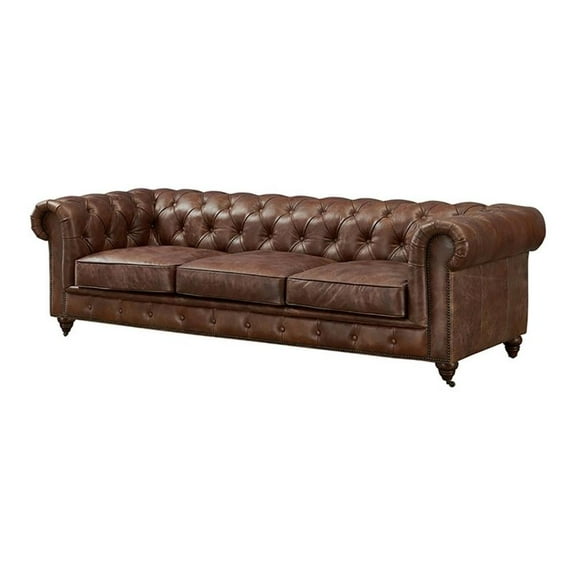 Pemberly Row Craftsman Mission 95" Leather Sofa in Dark Brown
