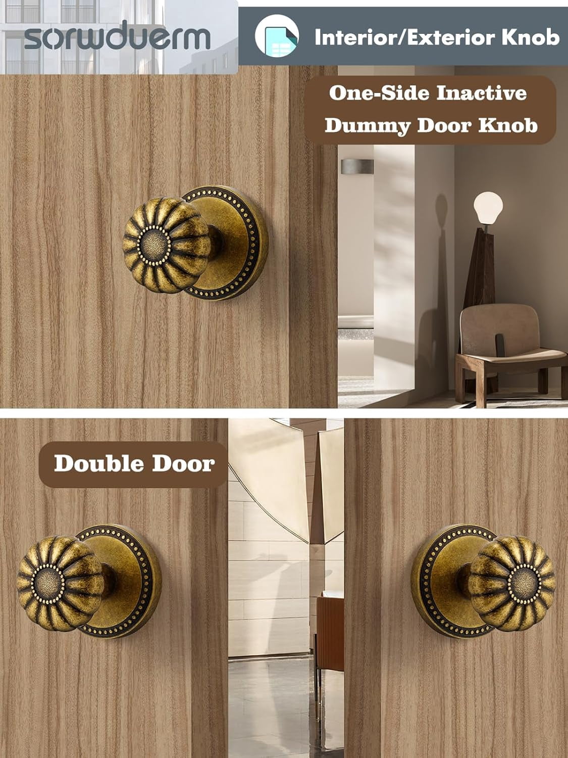 Antique Brass Door Knob Dummy Door Knobs Interior Dummy Door Handle Single Sided Decorative,Zinc Alloy 2 Pack