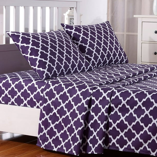 Quatrefoil Bed Sheet Set (Twin, Purple) Deep Pocket Microfiber Bed