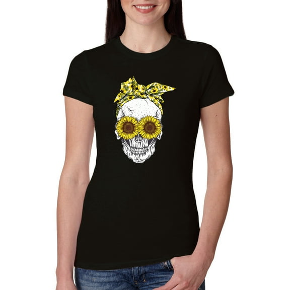 Skull Sunflower Skeleton Bandana Inspirational/Christian Womens Slim Fit Junior Tee, Black, Small