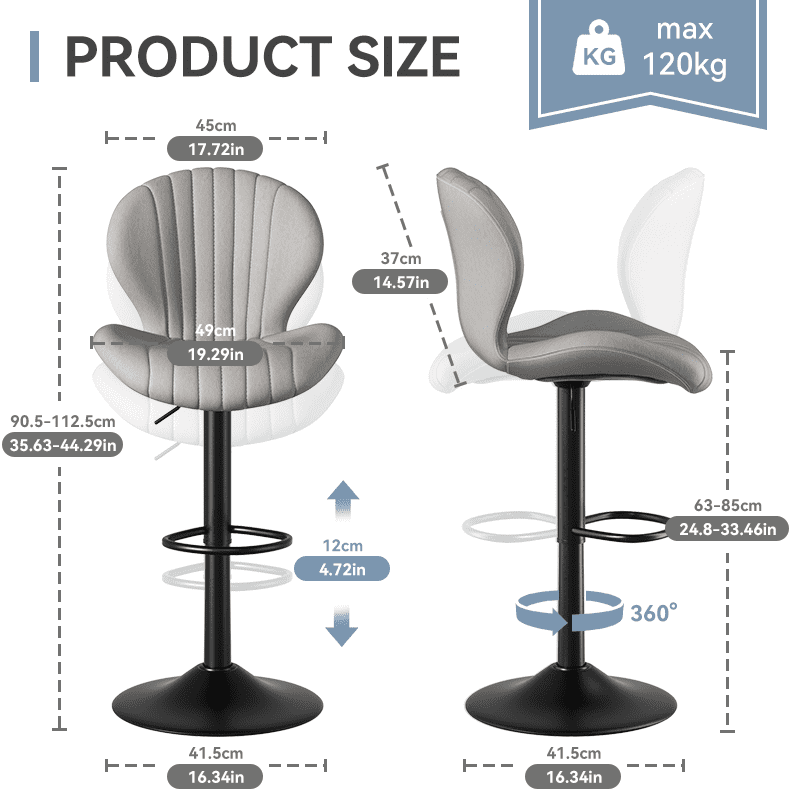 MOONMISS Modern Adjustable Bar Stool Faux Leather Bar Stool,Gray(Set of 2)