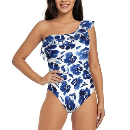 Qokaie Blue Roses Print Women s One Piece Swimsuits Tummy Control Bathing Suits Asymmetric One Shoulder Swimwear-X-Large