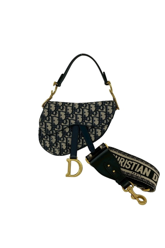 Pre-Owned Christian Dior Oblique Saddle Bag Canvas Leather 2-way Handbag Shoulder Navy 30953