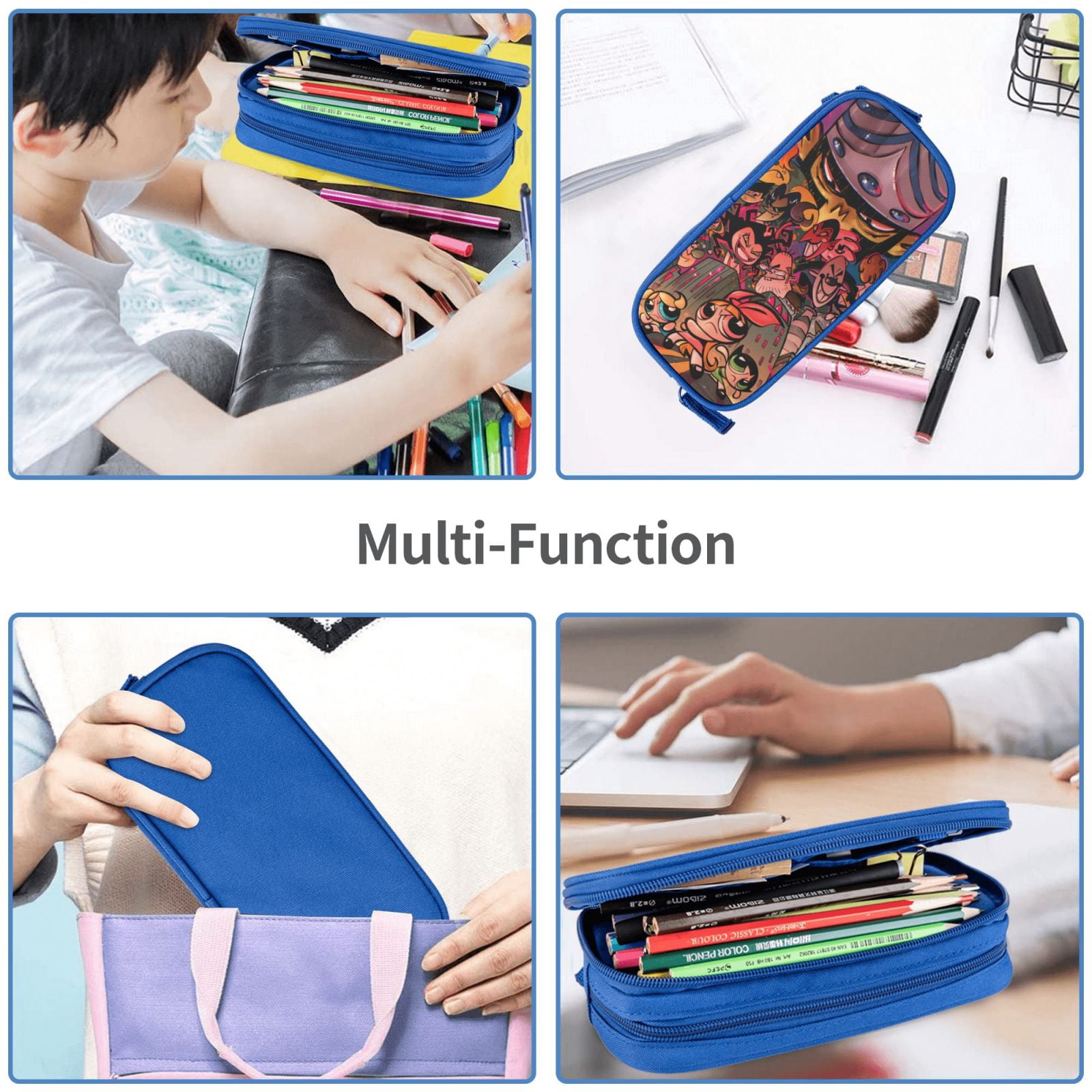The Powerpuff Gi-rls Pencil Case Large Capacity Pencil Pouch Pen Bag Office Stationery Organizer Travel Makeup Bag Blue