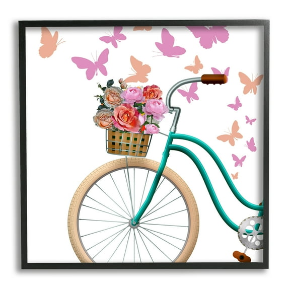 Stupell Industries Summer Bicycle Flower Basket Pink Fluttering Butterflies Graphic Art Black Framed Art Print Wall Art, Design by Kim Allen