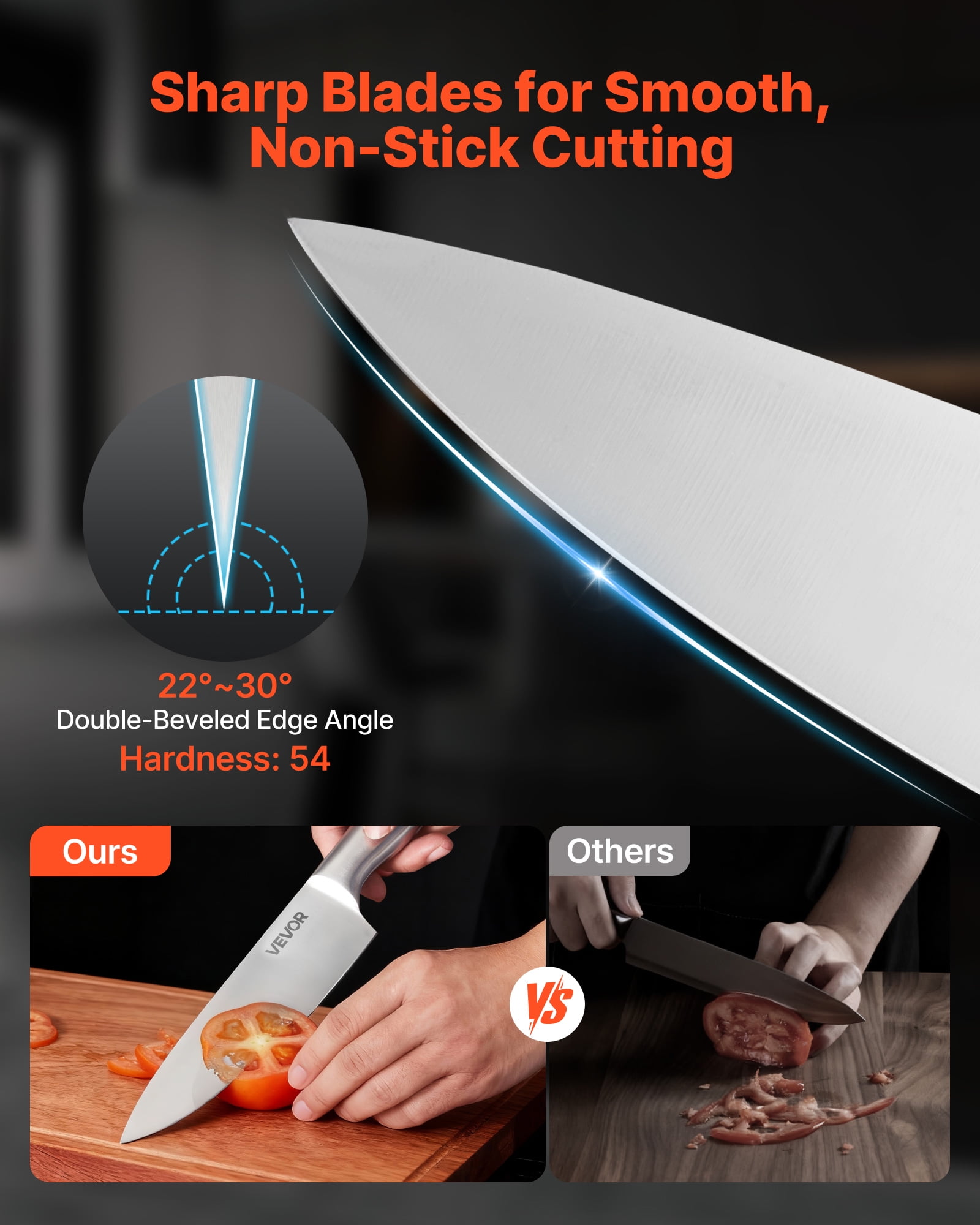 VEVOR Kitchen Knife Set with Block and Sharpener, 15 Piece German High Carbon Stainless Steel  Sharp Knife Set, Kitchen Cutlery with Ergonomic Handle, Sharpening Rod and Wooden Block, for Home Cooks
