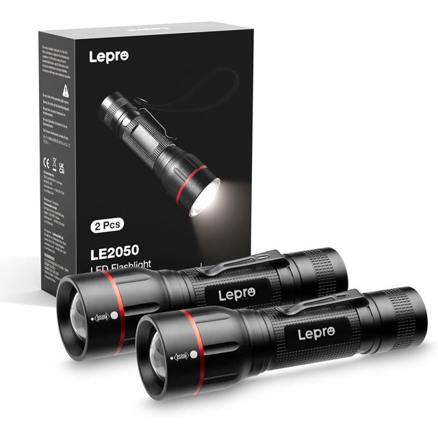 Lepro LED Flashlight with Clip, LE2050 High Lumen, Super Bright, 5 Lighting Modes, Zoomable, Waterproof, Pocket Size Mini Flashlight for Camping, Emergency, Repair-Powered by AAA Battery, 2 Packs