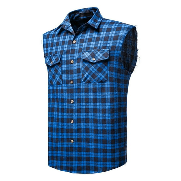 HOLEI Men's Summer Casual Fashion Sleeveless Plaid Vest Button Down Shirt Blue S