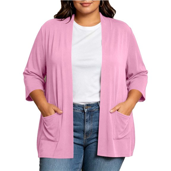 Vmvidoty Women's and Women's Plus Size Cardigan for Women 3/4 Sleeve Casual Open Front Light Cardigan Pink XL