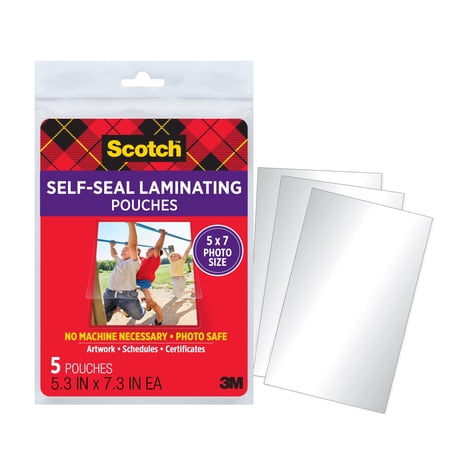 Scotch Self Seal Adhesive Laminating Pouches, Gloss, 5" x 7", 5 Sheets