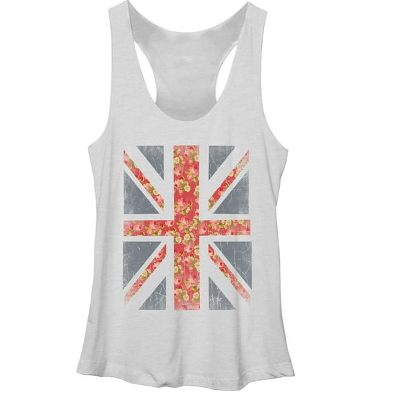 Women's Lost Gods Floral Print Union Jack Racerback Tank Top White Heather Medium