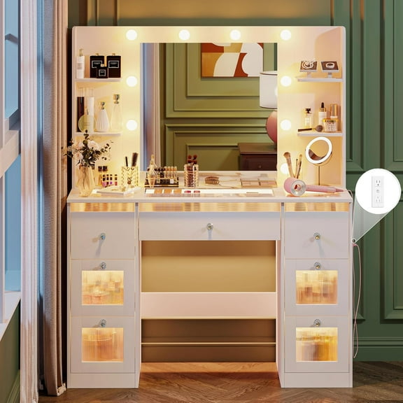 Makeup Vanity with Lights 3 Colors, Glass Top Vanity Desk with 7 Lighted Drawers, 4 Shelves, Power Outlet, Makeup Desk with Mirror for Bedroom, Dressing Table with Mirror for Women, Light White