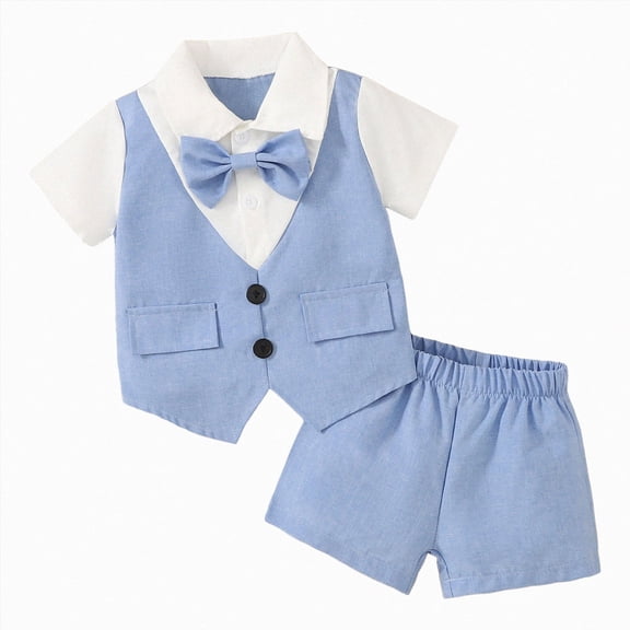 Boys Short Suit Set 3 Pieces Kids Formal Gentleman Outfit Shirt Vest Shorts Bow Tie Toddler Boy Summer Clothes