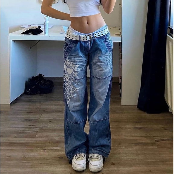 Women's Low Rise Heart Pattern Baggy Jeans Washed Wide Leg Denim Cargo Pants Y2k Flare JeanStreetwear