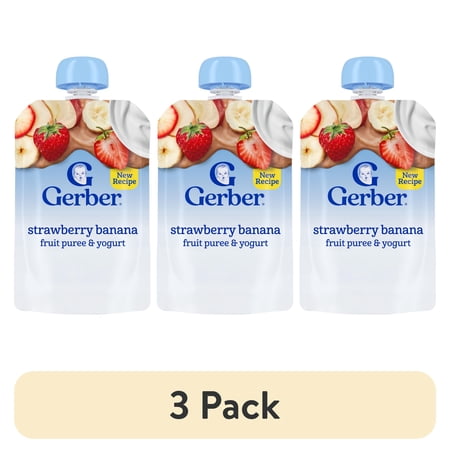 (3 pack) Gerber Toddler Food, Strawberry Banana, Fruit Puree and Yogurt Baby Pouches
