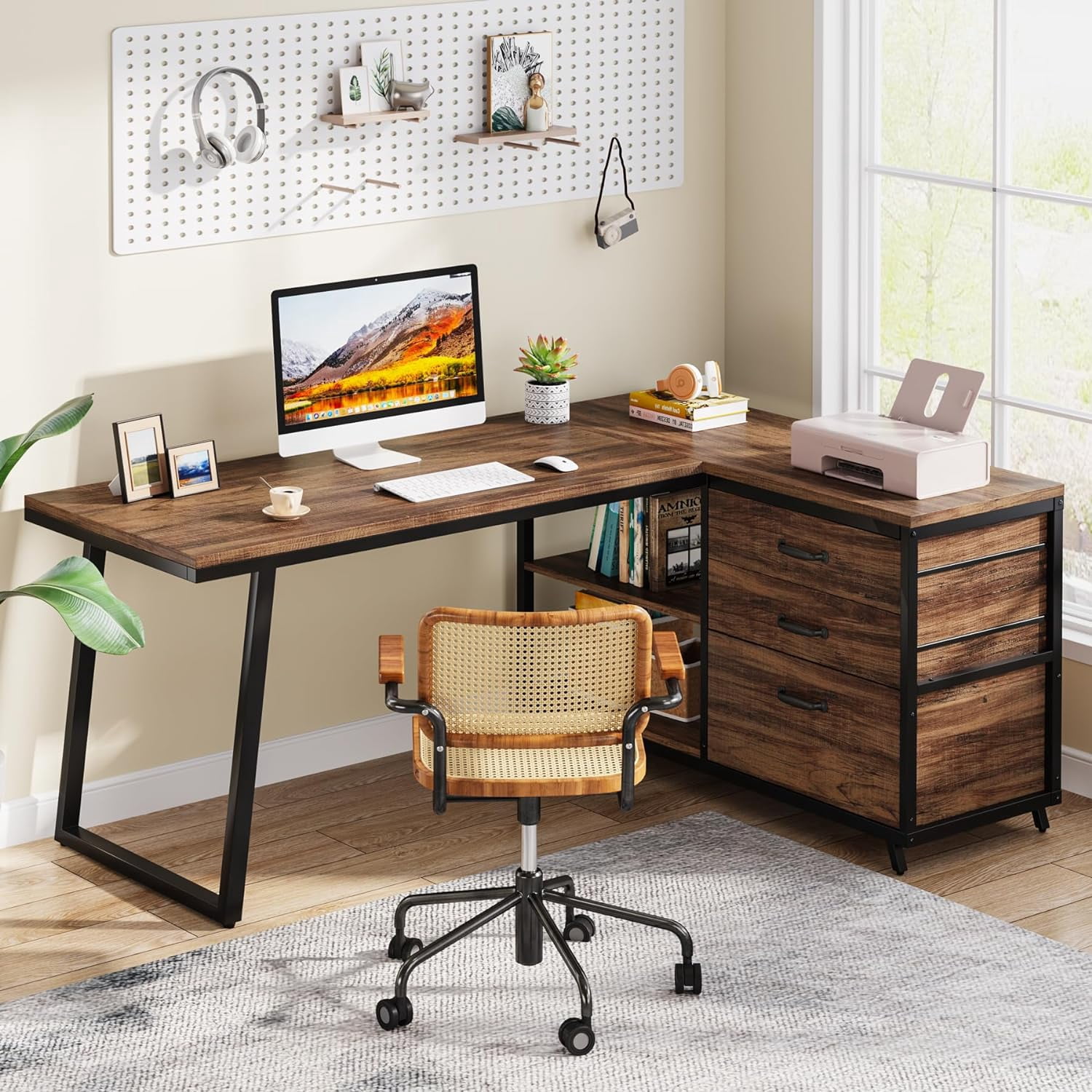 Tribesigns Reversible L-Shaped Computer Desk with 3 Drawers, Corner Desk Home Office Desk with Shelves