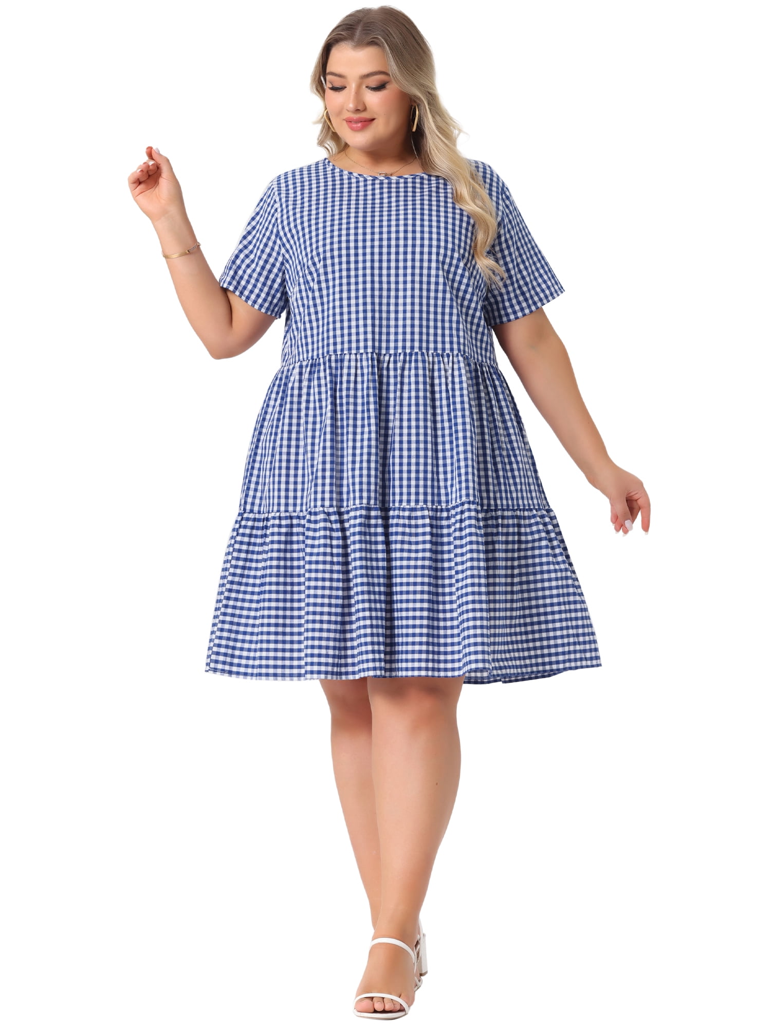 DARING DIVA Women's Plus Size Plaid Round Neck Short Sleeve Midi Dress 1X Dark Blue