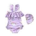 thumbnail image 2 of Baby Girls Ruffled Swimsuit One-Piece Swimwear Toddler Kids Cute Cartoon Bikini Set Chidlren Bathing Suit with Swim Cap,1-7T, 2 of 4