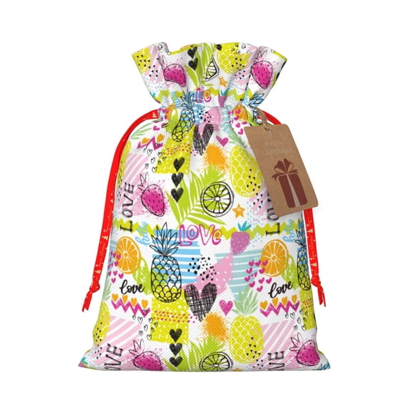 Fuzoiu Tropical Pineapples Print Christmas Gift Bag,Burlap Gift Bag with Drawstring Closure & Hang Tag,Perfect for Holidays, Birthdays, and Special Occasions-Small