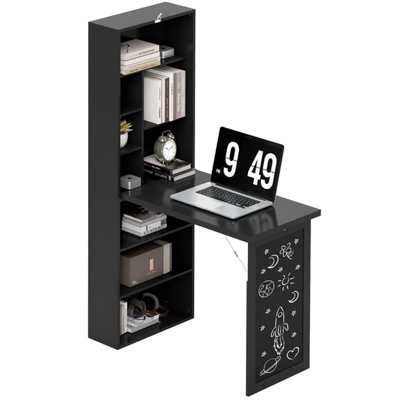 Fold Out Convertible Home Office Wall Mount Desk with Blackboard and Side Shelf in Black