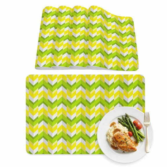 Placemats Set of 4, Modern Chevron Striped Geometric Art Faux Leather Placemat Waterproof Wipeable Table Mats 12x18in, Yellow Green Washable Place Mats for Kitchen Dining Table Party Outdoor