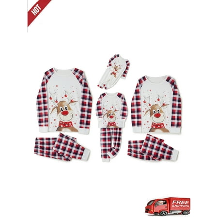 

Family Christmas Pjs Matching Sets with Cartoon Elk Plaid Print Crew Neck Ribbed Cuffs Holiday Clothing