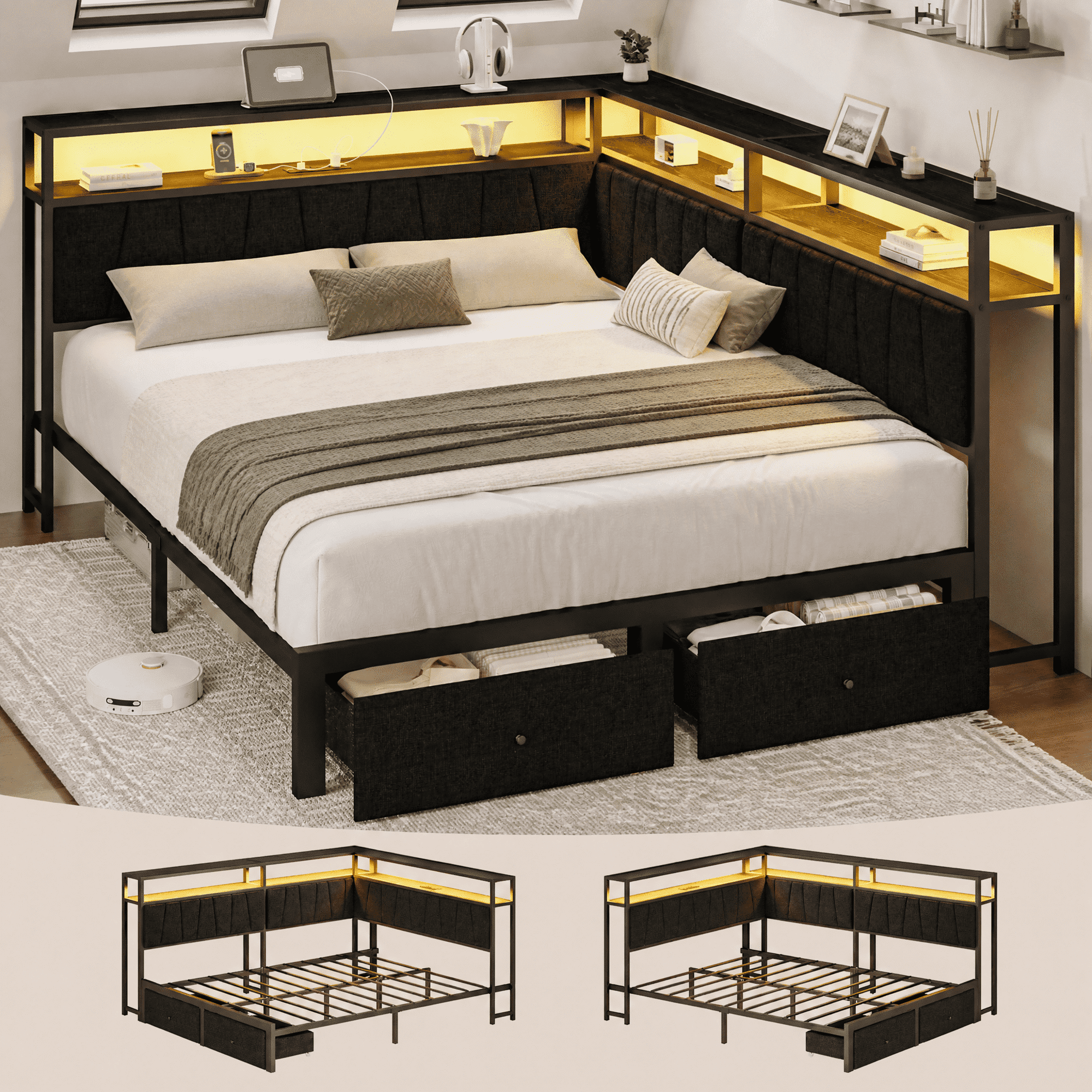 Queen Corner Bed Frame with Storage Drawers, LED Lights & Charging Station, Reversible Upholstered Platform Bed, Modern Metal Daybed Frame for Bedroom, Black