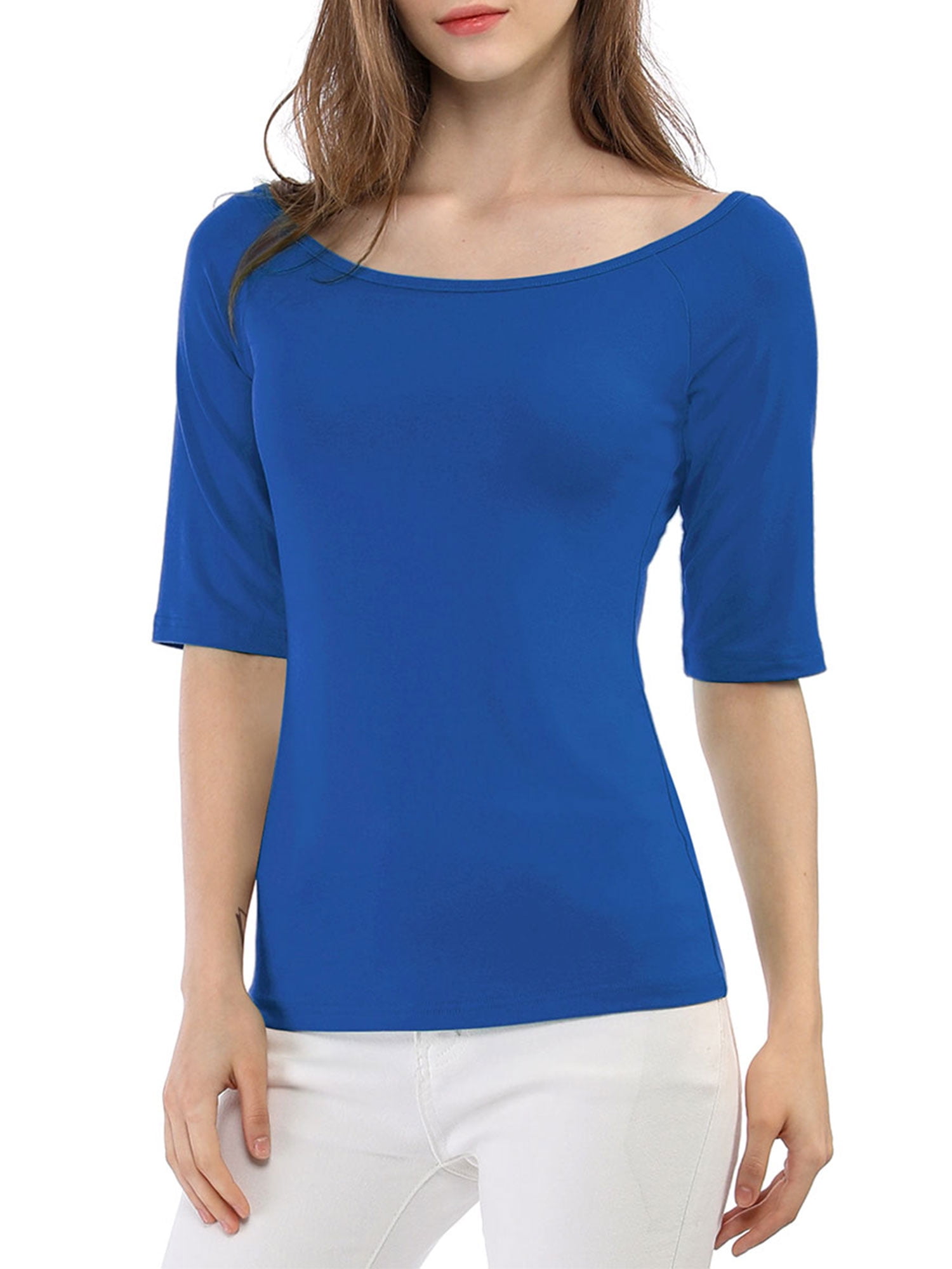 DARING DIVA Women's Slim Fit Pullover Boat Neck Stretchable T-Shirt XS Royal Blue