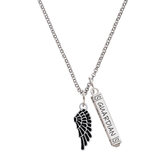 Delight Jewelry Silvertone Medium Black Enamel Angel Wing Silvertone Guardian Angel Bar Charm Necklace, 23"