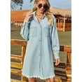 thumbnail image 5 of Women'S Vintage Washed Denim Loose Casual Long Sleeve Raw Edge Dress Light Blue L, 5 of 10