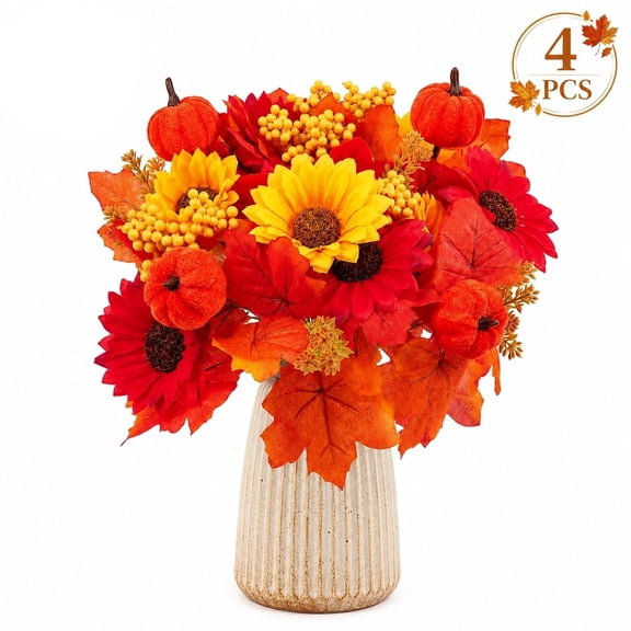 Pumpkin Picks Floral,Sunflower and Berry Autumn Stems for Fall Thanksgiving Vase Centerpiece Decor,4 Pcs