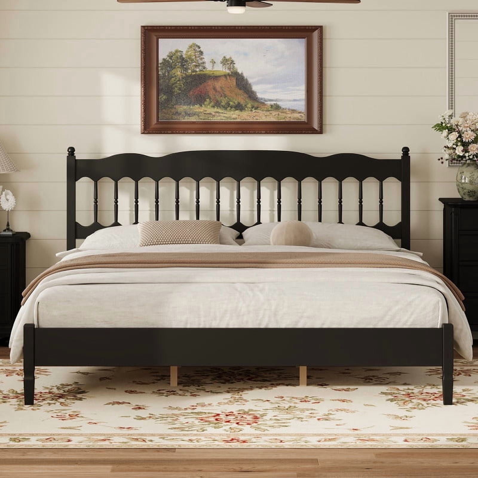 King Size Retro Countryside Style Wooden Bed Frame with Spindle Headboard, Low Profile Platform Bed with No Box Spring Required