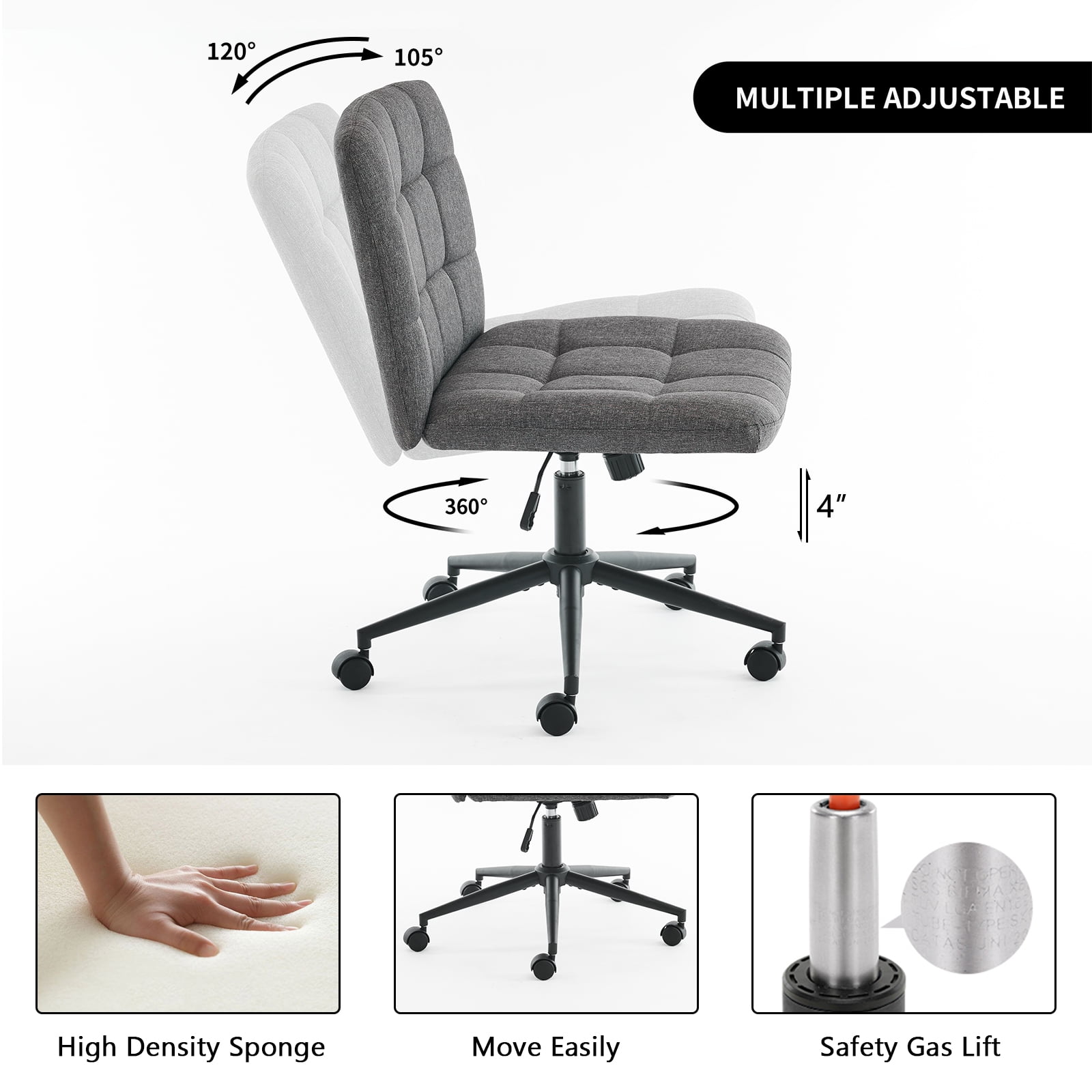 Fumahaus Modern Armless Home Office Chair Wide Desk Chair with Wheels Adjustable Swivel Task Chair for Home Office, Bedroom. Linen-DarkGrey