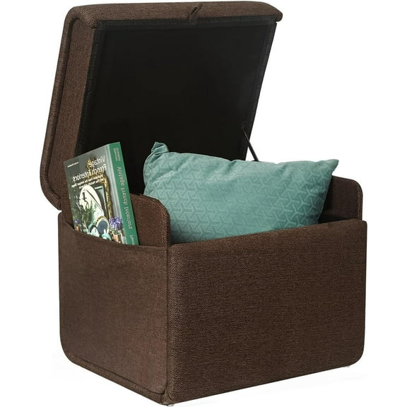 Homebeez Rectangular Storage Ottoman Cube Footrest with Side Pocket, Coffee Linen Fabric Foot Rest Stool Ottoman with Storage for Living Room Bedroom