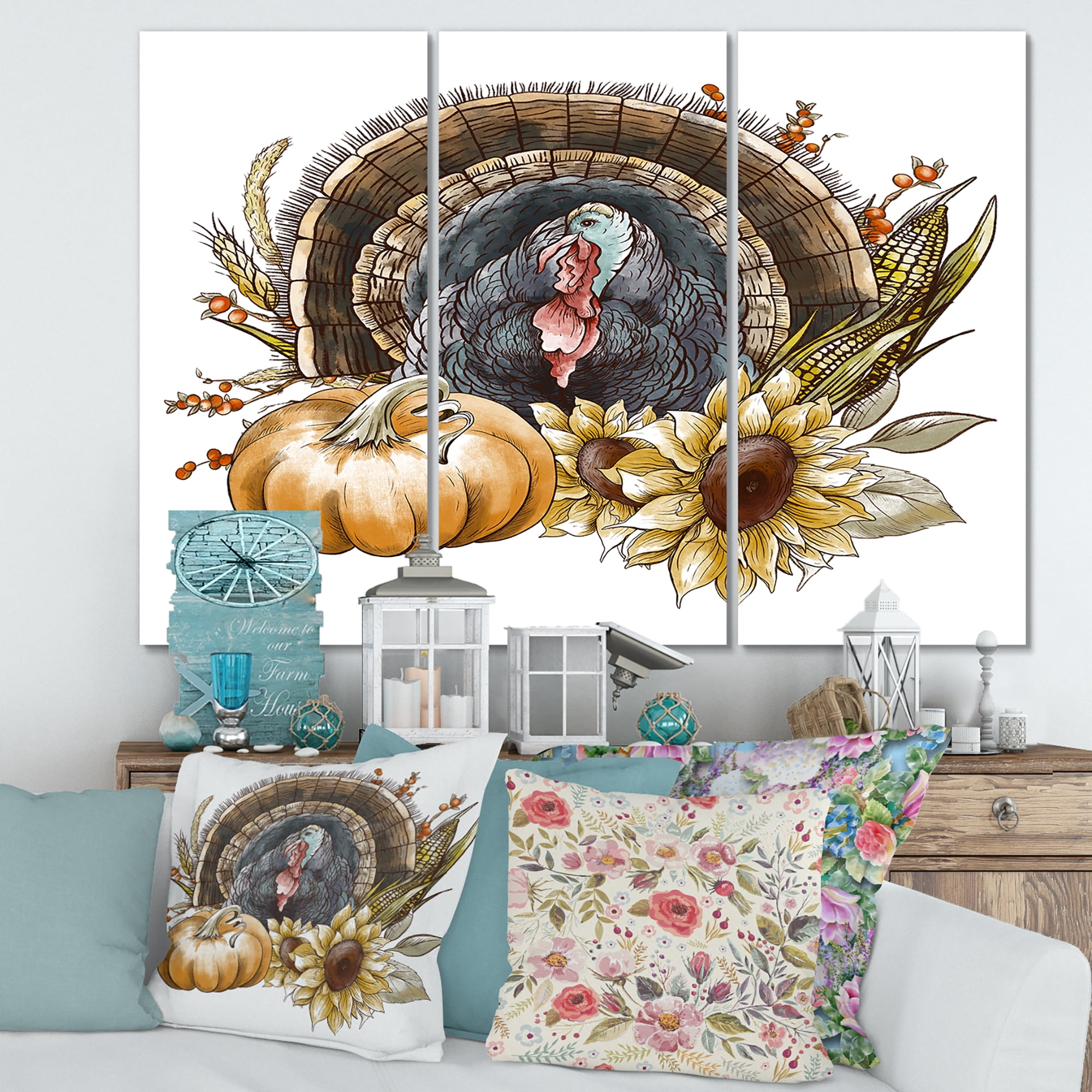 Thanksgiving Vintage Turkey Pumpkin and Sunflowers 28 in x 36 in Painting Canvas Art Print, by Designart