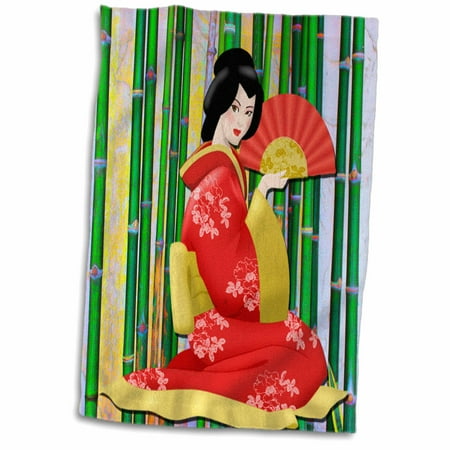 - 3dRose Geisha Girl with Stripped Background and Umbrella Fan - Towel, 15 by 22-inch