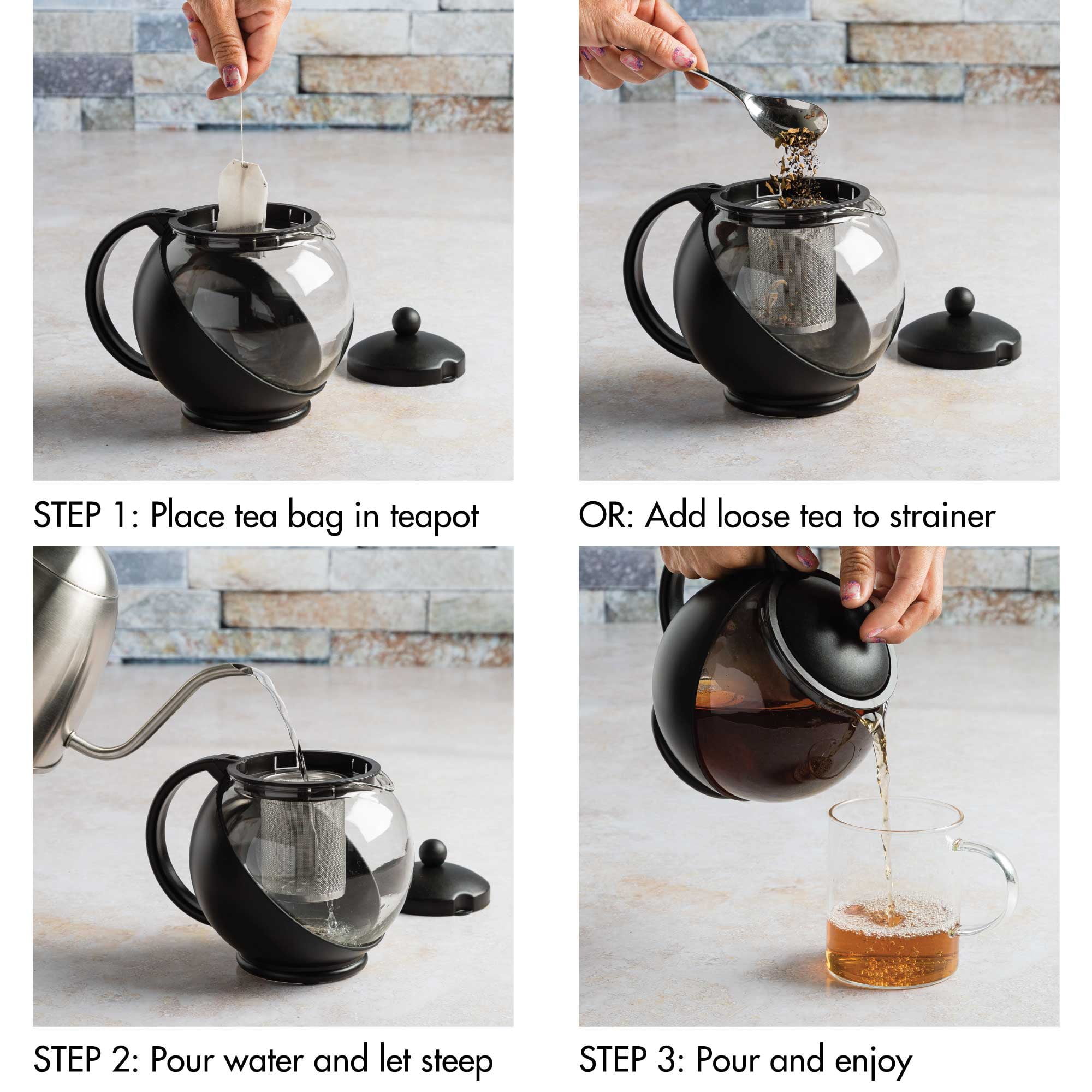 Primula 5 Cups Teapot with Infuser, Dishwasher Safe, Black